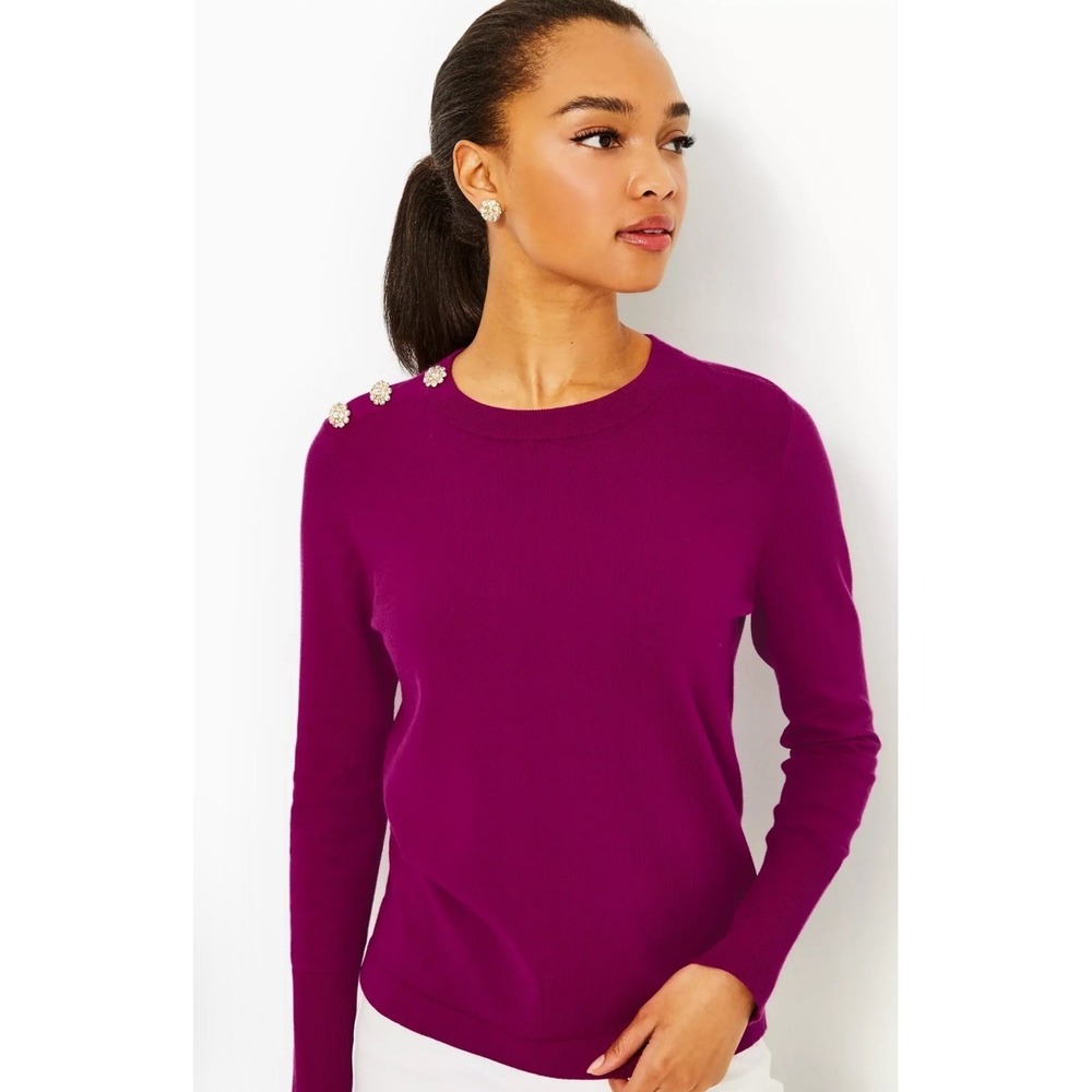 Lilly Pulitzer Morgen Cotton Blend Sweater Women's Medium Button/Rhinestones - Picture 2 of 11